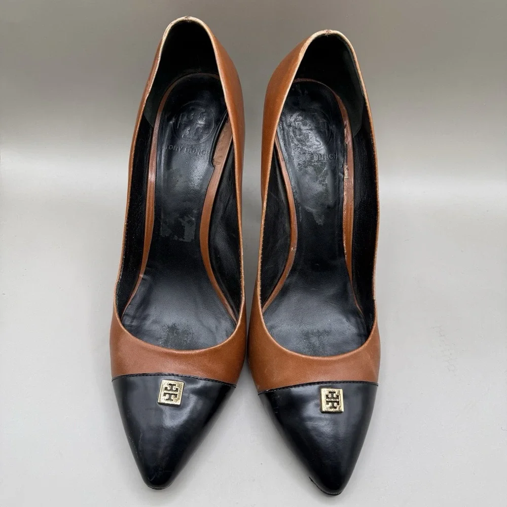 TORY BURCH KAY Pointy Toe Heels Womens SIZE 11 M Leather Two Tone Brown Black - Picture 3 of 6